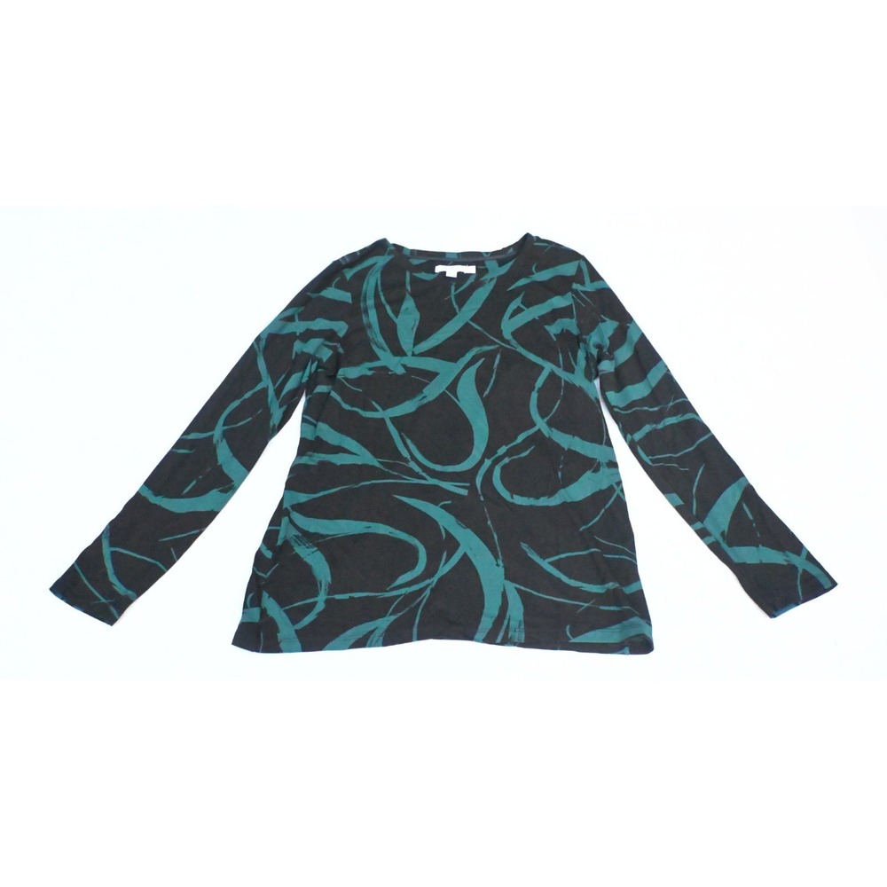 Chicos Womens 1 US M Black Teal Brushstroke Leaf Print Knit Top Long Sleeve